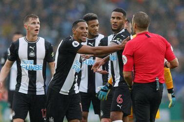 Newcastle United midfielder Isaac Hayden, centre, was shown a red card on Sunday following a poor challenge on Leciester's Dennis Praet. Reuters