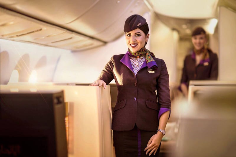 An Etihad cabin crew member. As the appetite for travel recovers, demand for new staff in the aviation sector is on the rise.