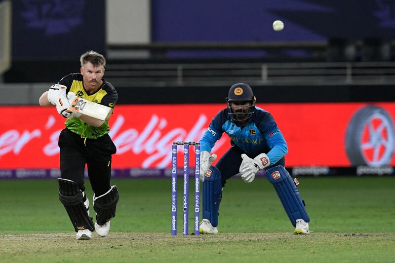 Australia's David Warner plays a drive against Sri Lanka on Thursday. AFP