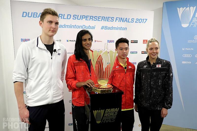 From left: 2016 men's Dubai World Superseries champion Viktor Axelsen of Denmark, Pusarla V Sindhu of India, Kevin Sanjaya Sukamuljo of Indonesia and England's Gabrielle Adcock at the launch of the 2017 Dubai World Superseries Finals held at the Dubai World Sports Council. Courtesy Seven Media