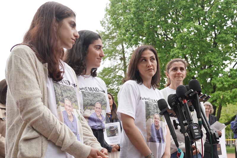 Family members of Iranian-American businessman Emad Shargi, who has been detained in Iran since April 2018, speak in front of the White House. 