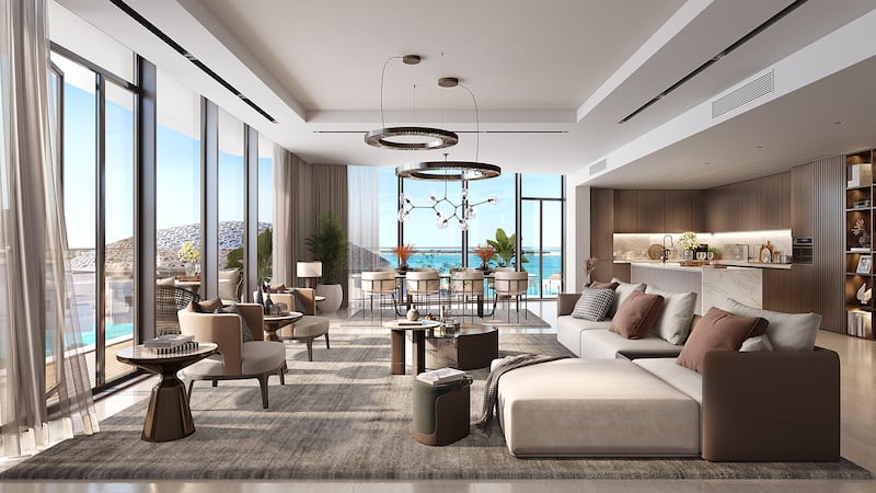 A rendering of the living room with floor-to-ceiling windows.