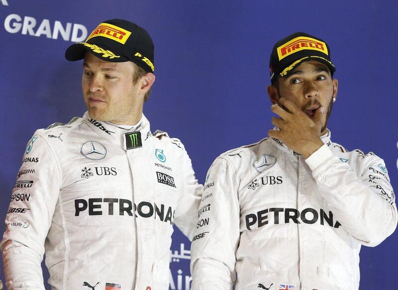 Mercedes driver Nico Rosberg of Germany, left, shown after beating teammate Lewis Hamilton at the Bahrain Grand Prix earlier this month. Luca Bruno / AP / April 3, 2016