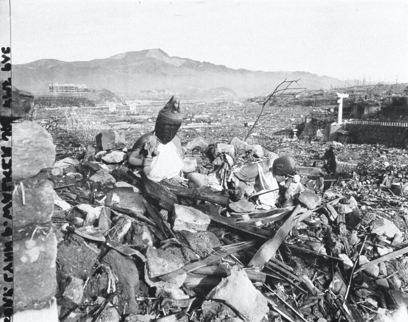 376900 07: FILE PHOTO: Battered religious figures stand on a hill above a tattered valley September 24, 1945 after the Americans dropped an atomic bomb in Nagasaki, Japan. (Courtesy of the National Archives/Newsmakers)