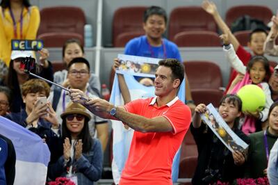 BEIJING, CHINA - OCTOBER 02:  Juan Martin Del Potro of Argentina takes a selfie after winning the match against Albert Ramos-Vinolas of Spain on day three of  2018 China Open at the China National Tennis Centre on October 2nd, 2018 in Beijing, China.  (Photo by Emmanuel Wong/Getty Images)