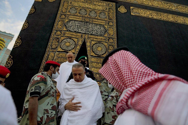 Iraqi Prime Minister Mustafa Al Kadhimi performs umrah at the Grand Mosque complex in the holy city of Makkah. Iraqi Prime Minister Media Office