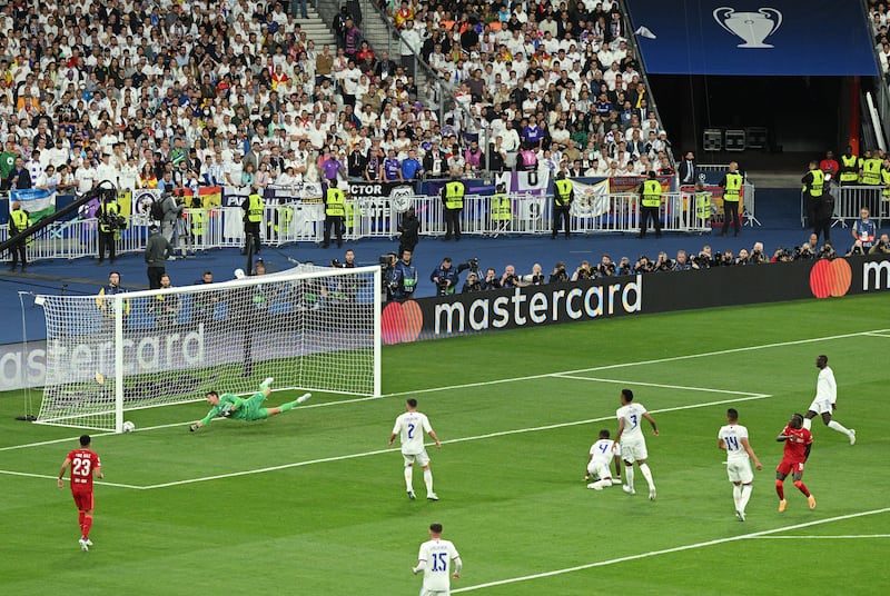 Liverpool attacker Sadio Mane sees his shot hit the post. Getty