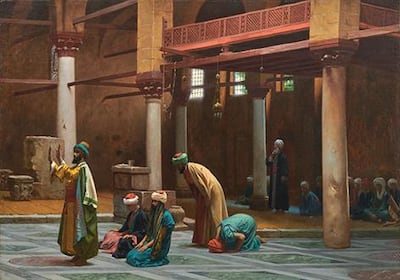 Jean-Leon Gerome's 'Prayers in the Mosque' from 1892. One of the Najd Collection sale's top lots it is expected to fetch £1,500,000 (Dh6.7 million) to £2,000,000. Najd Collection