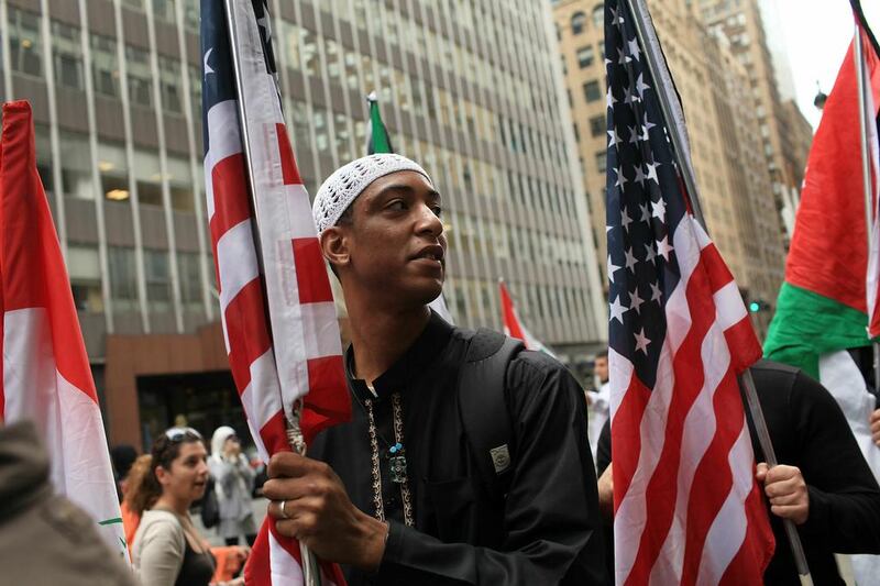 Participants wait for the start of the American Muslim Day Parade on September 26, 2010 in New York. Spencer Platt / Getty Images