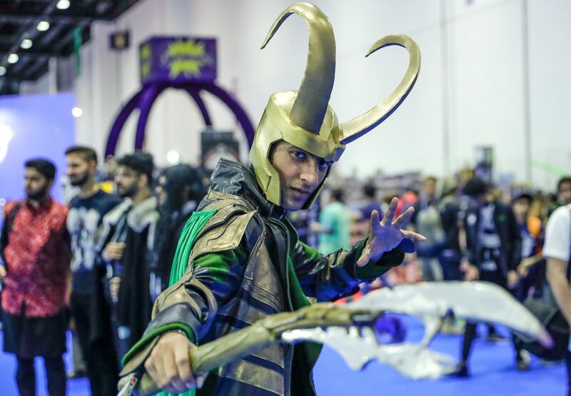 Dubai, April 12,2019.   MEFCC day 2-
Asad Mudeer in his Loki get-up.
Victor Besa/The National.
Section:  Ac
Reporter:  Chris Newbould