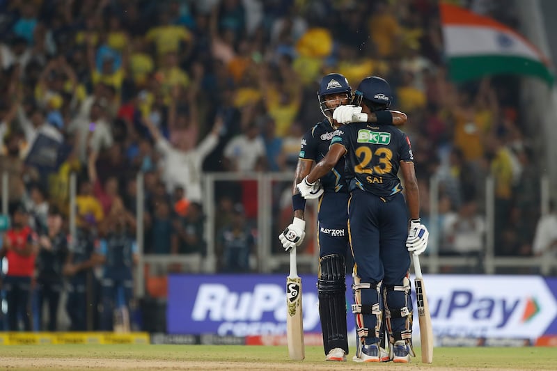 Gujarat Titans' captain Hardik Pandya embraces Sai Sudharsan during the 2023 IPL final. Getty 