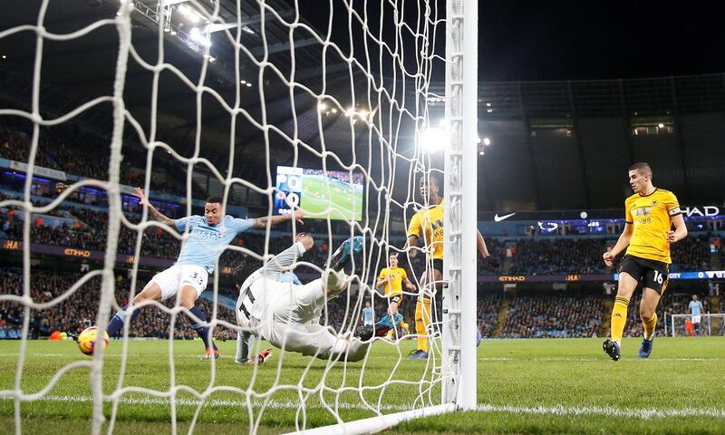 Soccer Football - Premier League - Manchester City v Wolverhampton Wanderers - Etihad Stadium, Manchester, Britain - January 14, 2019  Manchester City's Gabriel Jesus scores their first goal         Action Images via Reuters/Carl Recine  EDITORIAL USE ONLY. No use with unauthorized audio, video, data, fixture lists, club/league logos or "live" services. Online in-match use limited to 75 images, no video emulation. No use in betting, games or single club/league/player publications.  Please contact your account representative for further details.