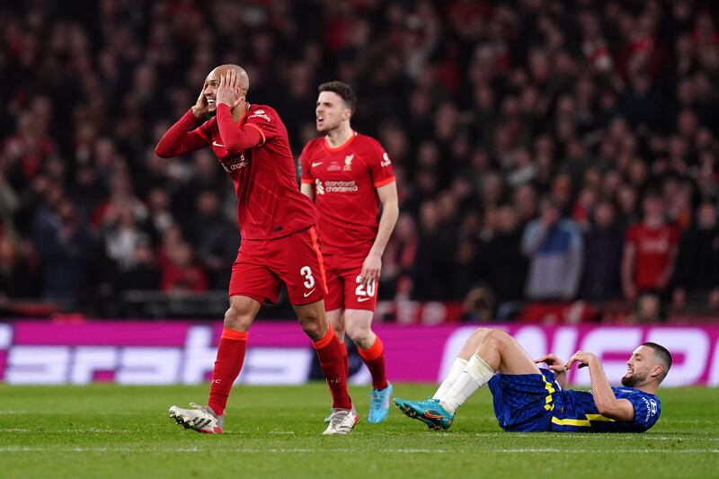 Liverpool's Fabinho reacts during the League Cup final. PA