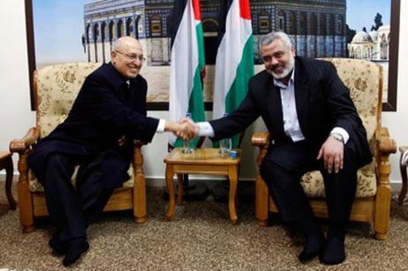 Nabil Shaath, left, a member of Fatah's Central Committee, held talks with Ismail Haniyeh and other senior Hamas leaders in Gaza last week.