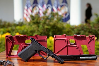 Parts of a ghost gun kit are on display at an event held by U. S.  President Joe Biden to announce measures to fight ghost gun crime, at the White House in  Washington U. S. , April 11, 2022.  REUTERS / Kevin Lamarque