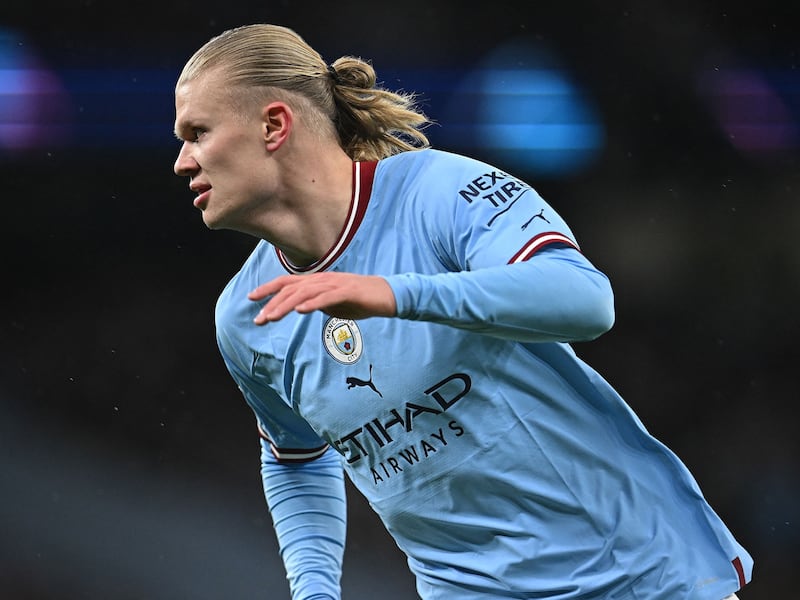 Manchester City's Norwegian striker Erling Haaland scored five goals in the 7-0 rout of RB Leipzig. AFP