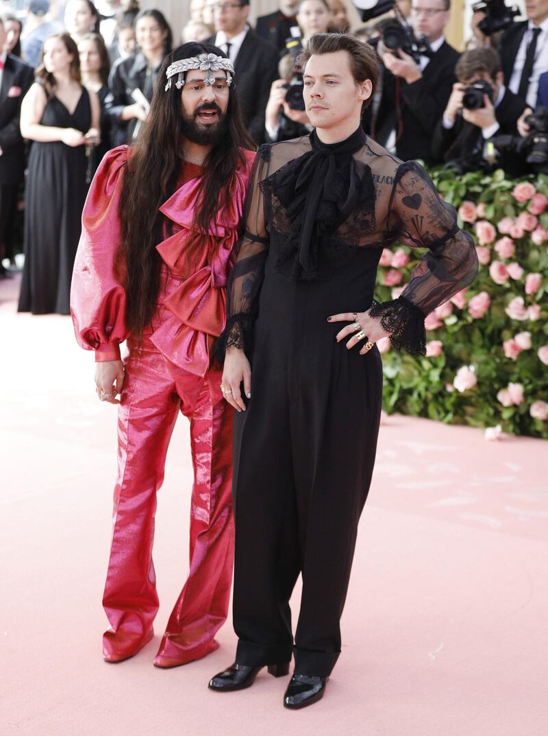 Singer Harry Styles, right, and designer Alessandro Michele arrive at the 2019 Met Gala in New York on May 6. EPA