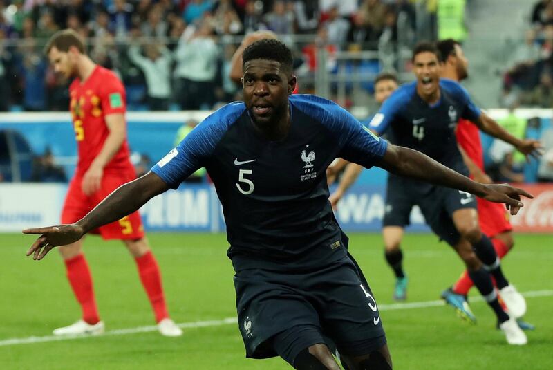 France's Samuel Umtiti celebrates scoring the opening goal. Reuters