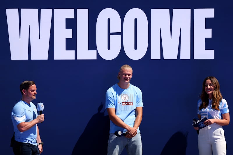 Erling Haaland at his Manchester City presentation on July 10, 2022. Getty