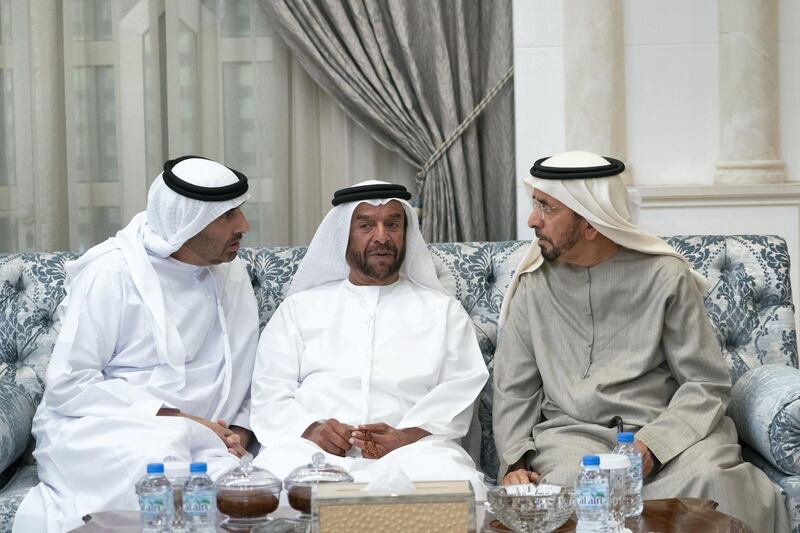 ABU DHABI, UNITED ARAB EMIRATES - November 21, 2019: HH Sheikh Saeed bin Zayed Al Nahyan, Abu Dhabi Ruler's Representative (L) and HH Sheikh Suroor bin Mohamed Al Nahyan (2nd L), receive mourners who are offering condolences on the passing of the late HH Sheikh Sultan bin Zayed Al Nahyan, at Al Mushrif Palace.

( Mohamed Al Hammadi / Ministry of Presidential Affairs )
---