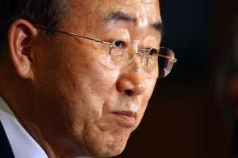 TOKYO - JUNE 30:  United Nations General Secretary Ban Ki-moon speaks during a press conference after holding a meeting with Japanese Foreign Minister Hirofumi Nakasone at Foreign Ministry's Iikura Guest House on June 30, 2009 in Tokyo, Japan. Ki-Moon is visiting Japan from June 30 - July 2 and will meet with Japanese PM Taro Aso and Minister for Foreign Affairs Hirofumi Nakasone.  (Photo by Junko Kimura/Getty Images) *** Local Caption *** Ban Ki-moon
