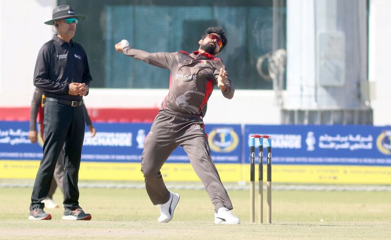 Basil Hameed of UAE during the ICC World T20 Global Qualifier against Bahrain at the Oman Cricket Academy Ground in Muscat