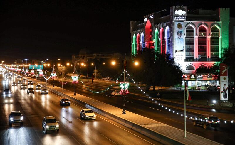 Omani government and private landmarks such as Oman Arab Bank in Muscat are lit up with the national colours to mark the occasion. AFP