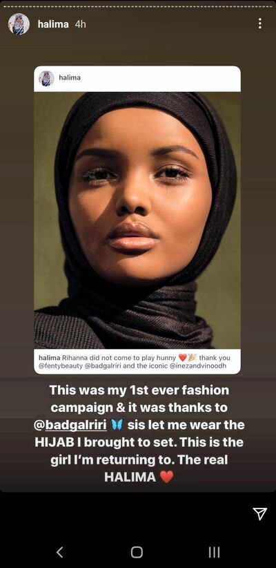 A screenshot of Aden's Instagram Story acknowledging Rihanna's respectful attitude during the Fenty Beauty shoot  