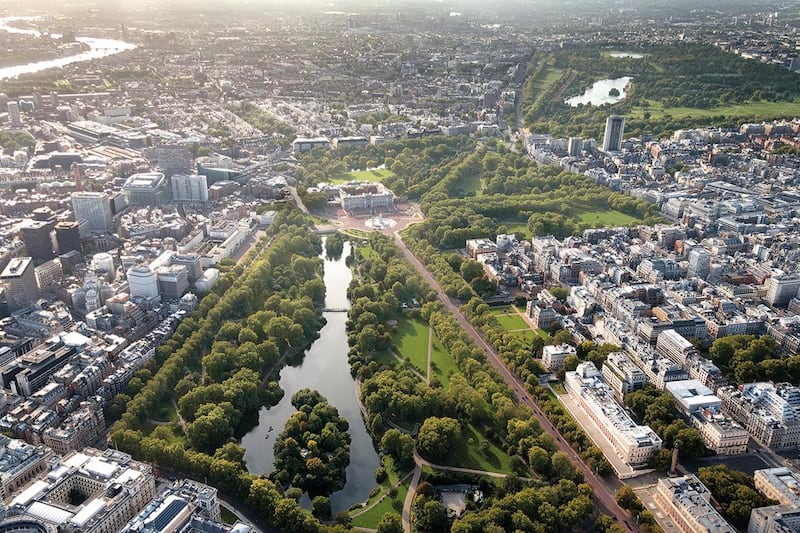 Handout images of Buckingham Gate. Buyers can be HM Queen’s next-door-neighbour as super-luxury flats directly overlooking Buckingham Palace are launched for sale – prices up to £18 million. (Photo-courtesy-Beauchamp Estates)  *** Local Caption ***  Aerial,overBuckinghamPalace&BuckinghamGate.jpg