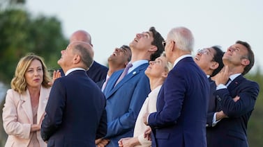 G7 leaders watch a skydiving demo during their summit at Borgo Egnazia, Italy, this week. AP