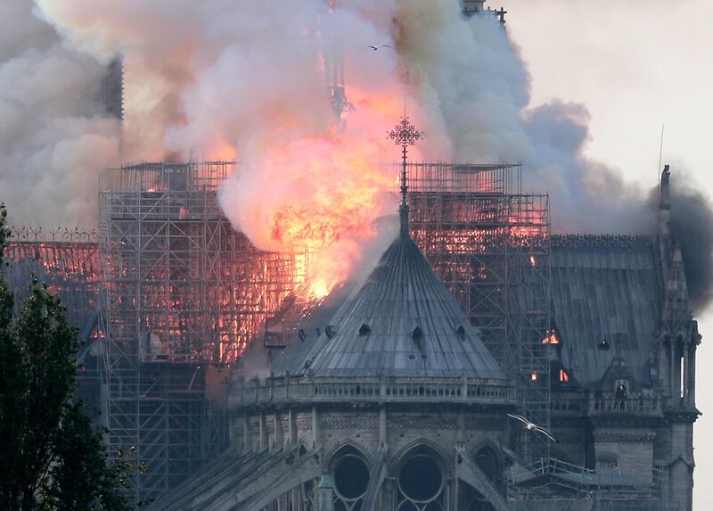 Flames on the roof of the Notre-Dame Cathedral in Paris, France, 15 April 2019. EPA