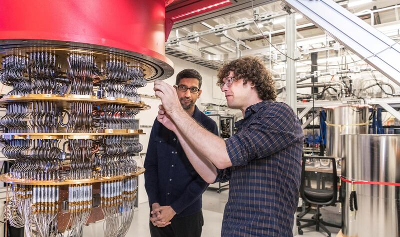 Sundar Pichai and Daniel Sank with one of Google's quantum computers in Santa Barbara. In late 2019, Google announced it had achieved "quantum supremacy", when its quantum computer became the first to solve a calculation in less than four minutes that would have taken the world’s most powerful supercomputer 10,000 years to complete.