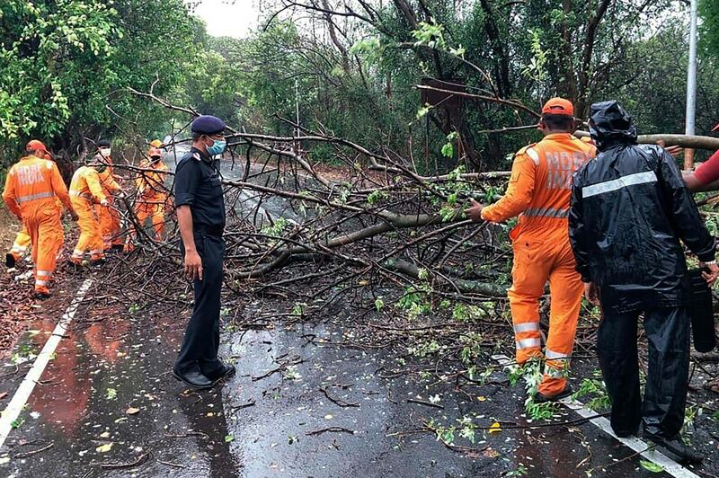 NDRF personnel clear fallen trees from a road in Alibag town of Raigad district. AFP