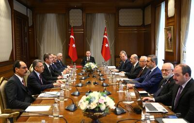 Turkish President Tayyip Erdogan chairs a security meeting in Ankara, Turkey January 23, 2018. Kayhan Ozer/Presidential Palace/Handout via REUTERS ATTENTION EDITORS - THIS PICTURE WAS PROVIDED BY A THIRD PARTY. NO RESALES. NO ARCHIVE.