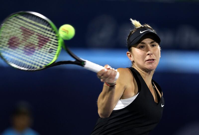 DUBAI, UNITED ARAB EMIRATES - FEBRUARY 20: Belinda Bencic of  Switzerland in action against Aryna Sabalenka of Bulgaria during day four of the Dubai Duty Free Tennis Championships at Dubai Tennis Stadium on February 20, 2019 in Dubai, United Arab Emirates. (Photo by Francois Nel/Getty Images)