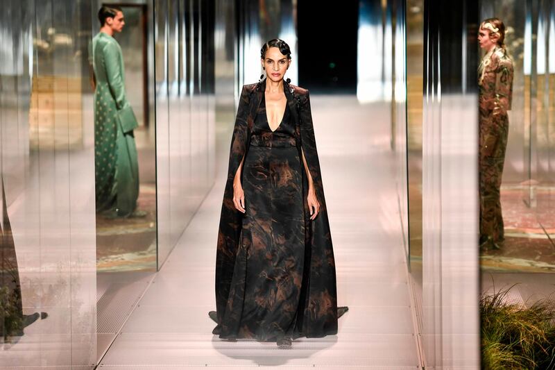 French-Algerian actress and model Farida Khelfa walks during the Fendi spring / summer 2021 show during Paris Haute Couture Week on January 27. AFP