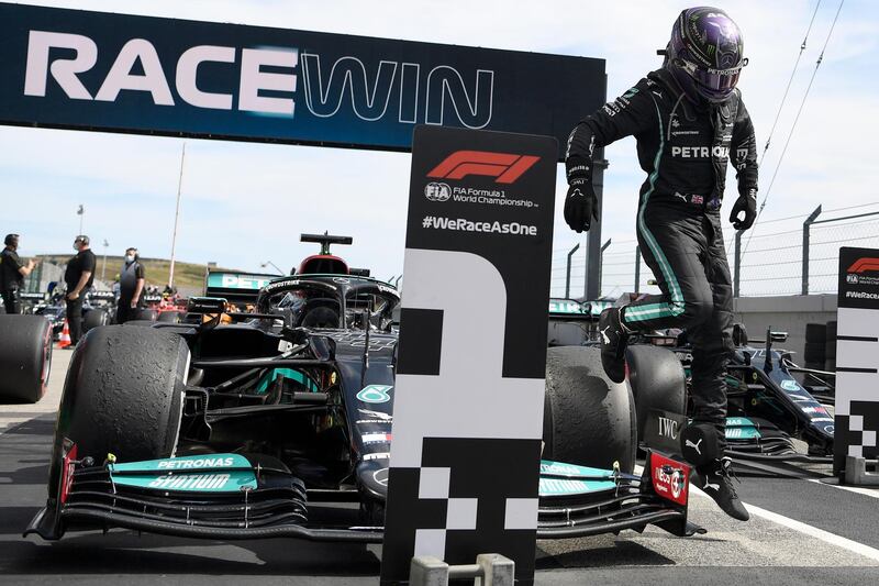 Lewis Hamilton after securing victory in the Portuguese Grand Prix at the Algarve International Circuit on Sunday, May 2. EPA