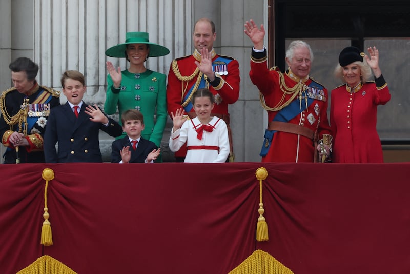Britain's King Charles, Queen Camilla, Prince William, Catherine, Princess of Wales, Prince George, Princess Charlotte, Prince Louis and Anne, Princess Royal appear on the balcony of Buckingham Palace as part of Trooping the Colour parade to honour Britain's King Charles on his official birthday in London, Britain. Reuters