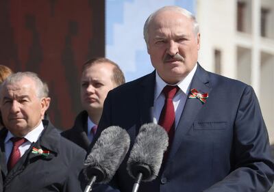 Belarus President Alexander Lukashenko gives a speech at Victory Square in Minsk, Belarus, Sunday, May 9, 2021, during a ceremony marking the 76th anniversary of the end of World War II in Europe. (Maxim Guchek/BelTA Pool Photo via AP)