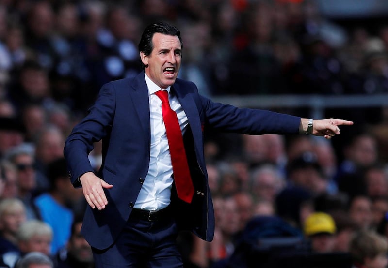 Soccer Football - Premier League - Fulham v Arsenal - Craven Cottage, London, Britain - October 7, 2018  Arsenal manager Unai Emery gestures during the match           REUTERS/Eddie Keogh  EDITORIAL USE ONLY. No use with unauthorized audio, video, data, fixture lists, club/league logos or "live" services. Online in-match use limited to 75 images, no video emulation. No use in betting, games or single club/league/player publications.  Please contact your account representative for further details.