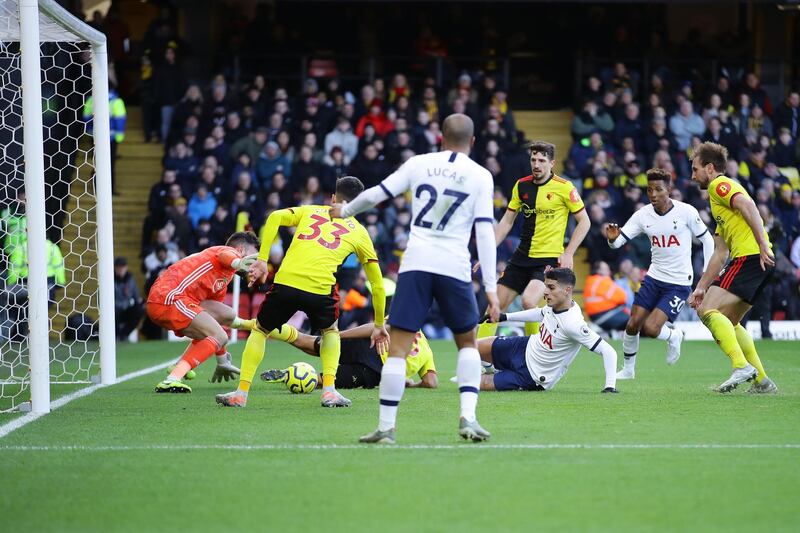 WATFORD, ENGLAND - JANUARY 18: Erik Lamela of Tottenham Hotspur has hit shot cleared off the line by Ignacio Pussetto of Watford during the Premier League match between Watford FC and Tottenham Hotspur at Vicarage Road on January 18, 2020 in Watford, United Kingdom. (Photo by Richard Heathcote/Getty Images)