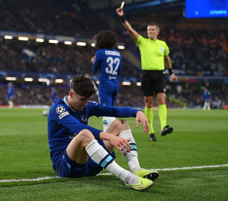 Kai Havertz of Chelsea reacts after being fouled by Eder Militao of Real Madrid, not pictured, who is shown a yellow card. Getty 