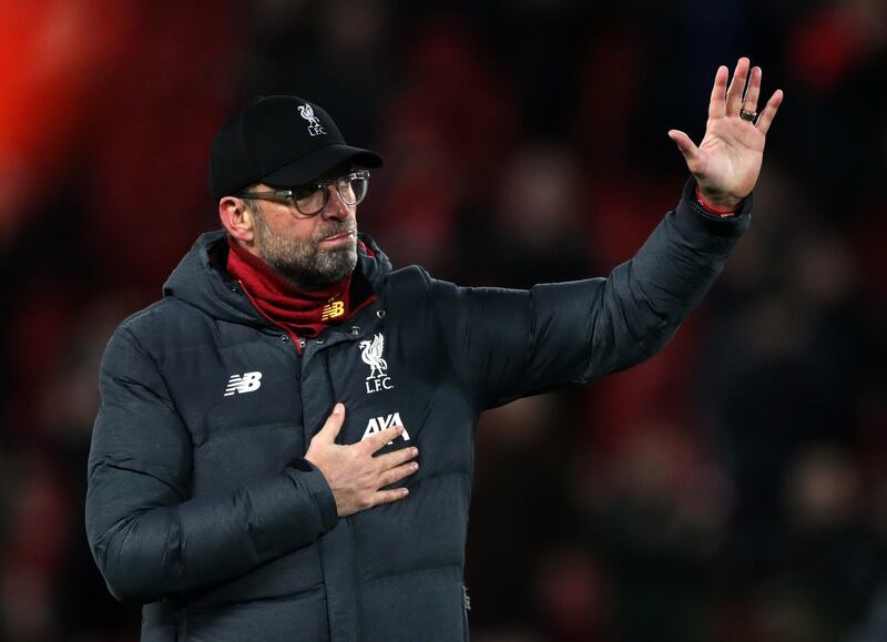 Liverpool manager Jurgen Klopp acknowledges the fans after the UEFA Champions League round of 16 second leg match at Anfield, Liverpool. PA Photo. Picture date: Wednesday March 11, 2020. See PA story SOCCER Liverpool. Photo credit should read: Peter Byrne/PA Wire