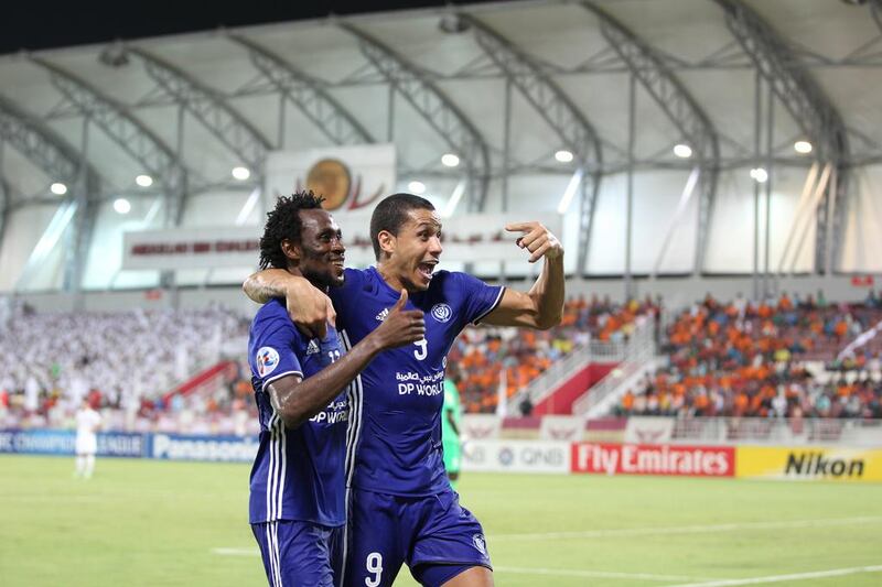 Al Nasr goalscorers Jonathan Pitropia, left, and Wanderley, celebrate after the former put the Dubai club 2-0 ahead against Qatar's El Jaish in the first leg of their Asian Champions League quarter-final on Wednesday, August 24, 2016. Courtesy Al Nasr FC
