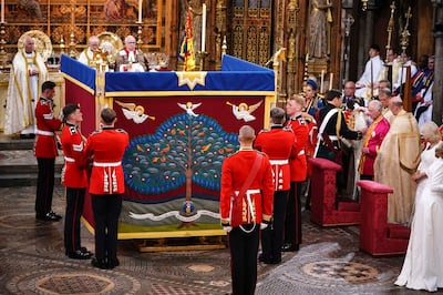 An anointing screen is erected for King Charles during his coronation ceremony at Westminster Abbey. AP
