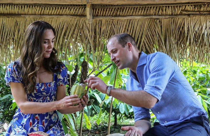 The royal couple look at cocoa beans during a tour at the farm. AFP