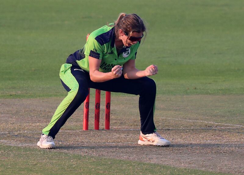 Ireland's Eimear Richardson takes a wicket. 