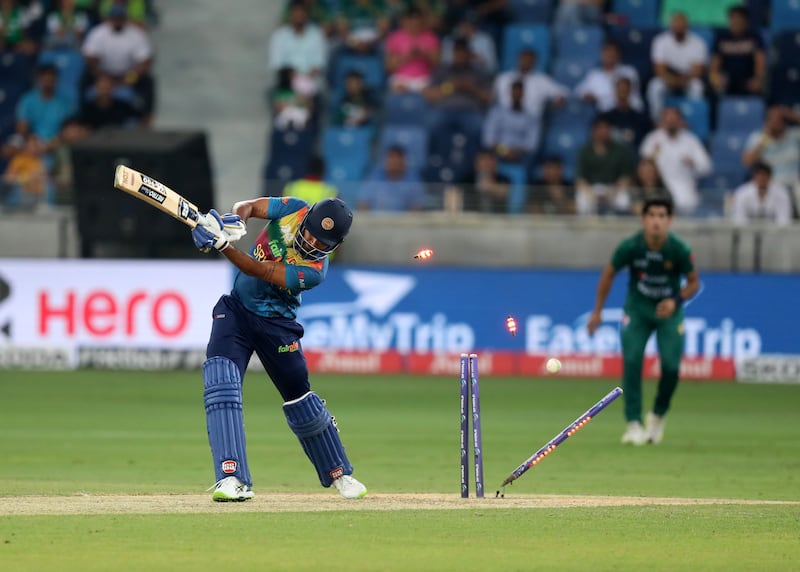 Pakistan's Haris Rauf bowls Sri Lanka batter Danushka Gunathilaka.