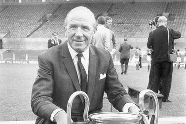 July 1968: Matt Busby (1909 - 1994) manager of Manchester United, at Old Trafford with the European Champions Cup which his team won by beating Benfica 4 - 1. (Photo by Mike McLaren/Central Press/Getty Images)