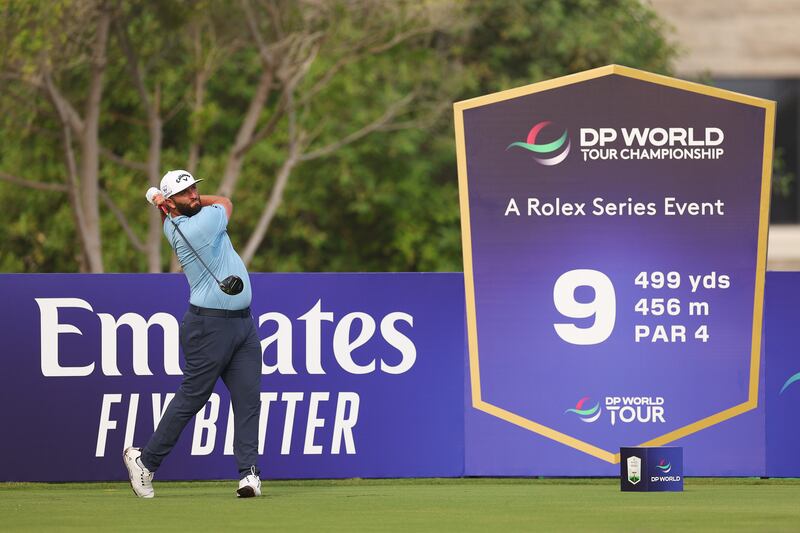 Jon Rahm tees off on the ninth hole during the Pro-Am ahead of the DP World Tour Championship. Getty Images